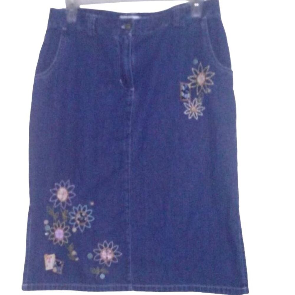 Christopher & Banks Women’s Size 4 Denim Floral Embroidered Cotton Skirt
